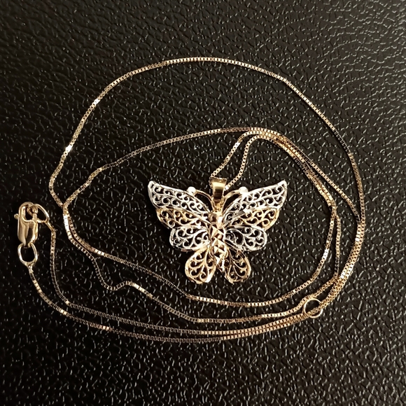 10k Gold Necklace Butterfly 2-tone Pendant + Adjustable chain Solid real 10kt - Picture 5 of 5